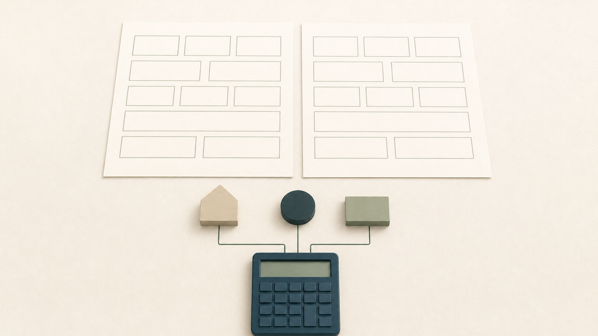 Illustration de deux fiches d’hypothèses vides reliées à trois postes anonymes et à une calculatrice pour comparer une rentabilité locative.