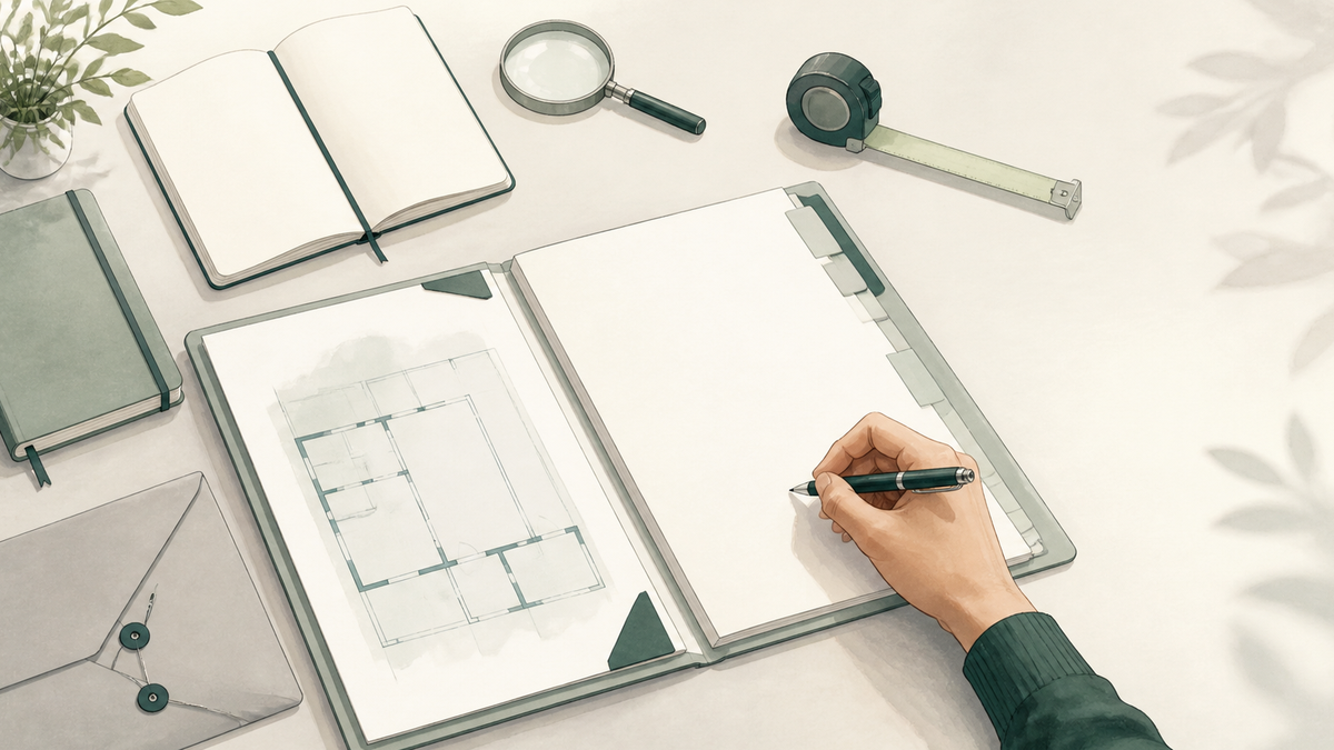 Illustration d’un dossier de décision avec documents, notes et outils de visite pour préparer un investissement locatif.