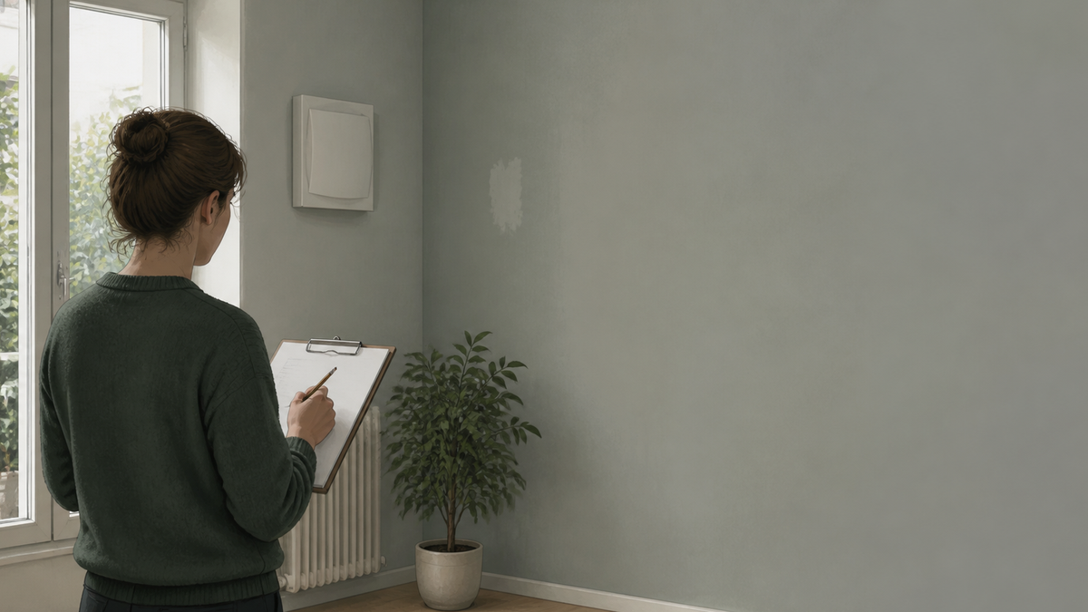 Illustration d’une personne qui prend des notes dans un logement pendant une visite avant investissement locatif.
